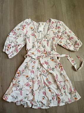 H&M White Floral Mini Dress with Pink & Yellow Blossoms